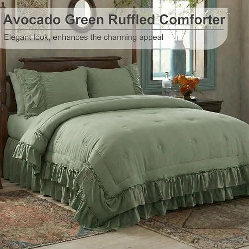 Bedding_Dreamer Sage Green King Size Comforter Set, 3-Piece Shabby Chic Ruffle Bedding, Soft Microfiber Boho Farmhouse Comforter for All Seasons thumbnail 2