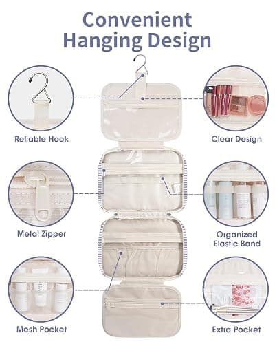 Narwey Striped Hanging Toiletry Bag for Women Travel Makeup Bag Organizer Toiletries Bag for Travel Size Essentials Accessories Cosmetics (Greyish Blue Stripe (Medium)) thumbnail 5