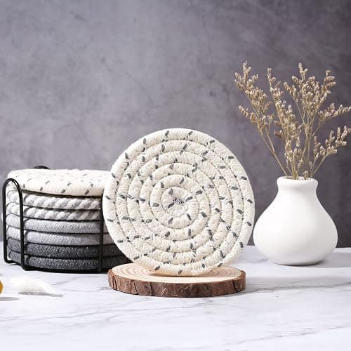 Mckanti 8 Pcs Drink Coasters with Holder, 4 Colors Absorbent Coasters, Minimalist Cotton Woven Coaster Set for Living Room Decor, Tabletop Protection Suitable for Kinds of Cups, 4.3 Inches thumbnail 7