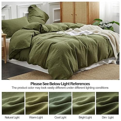 Simple&Opulence 100% Linen Duvet Cover Set 3pcs Basic Style Natural French Washed Flax Solid Color Soft Breathable Farmhouse Bedding with Button Closure - Olive Green, Queen - Queen - Olive Green thumbnail 6