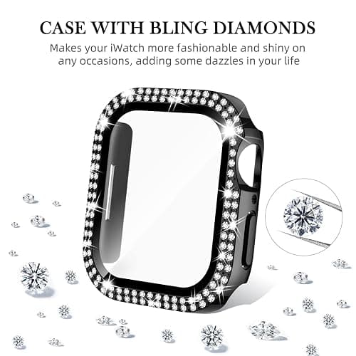 Adepoy for Apple Watch Case 44mm Series 6/5/4/SE with Tempered Glass Screen Protector, Double Bling Case Crystal Diamonds Rhinestone Bumper Overall Hard PC Slim Protective Cover For iWatch 44mm, Black thumbnail 2