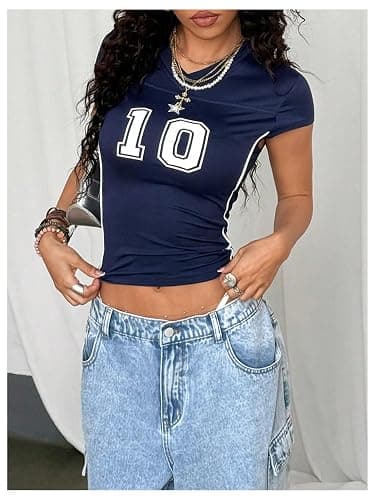 RoseSeek Women's Y2K Sporty Jersey Shirts V Neck Cap Sleeve Tight Crop Tops Street Graphic Tees thumbnail 5
