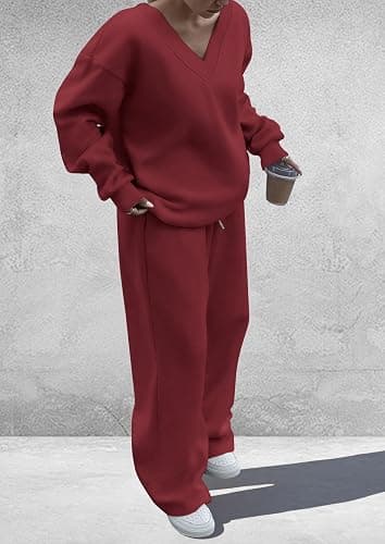 PRETTYGARDEN Casual Winter Two Piece Sets for Women 2025 V Neck Sweatshirt Loose Wide Leg Pants Tracksuit Knit Fall Outfits thumbnail 5