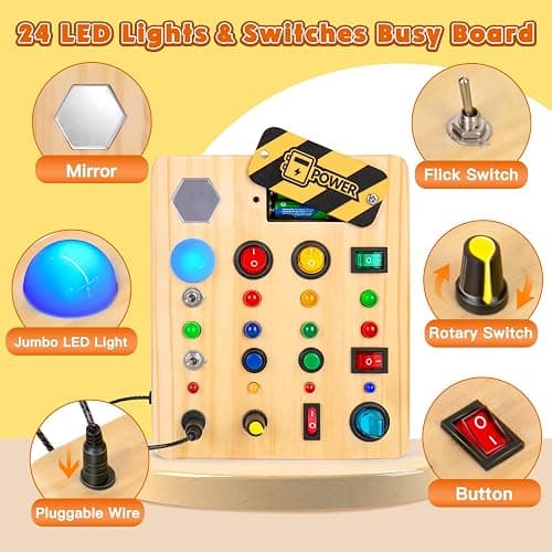 TINTECUSA Busy Board Montessori Toys for Toddler, Wooden Sensory Board Switch Toy with Shape Sorter LED Light Up Toys Educational Plane Travel Activity for Girls & Boys thumbnail 4