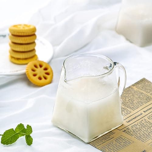 Leinuosen 2 Pcs Small Glass Creamer Pitcher with Spout Milk Frothing Pitcher Elegant Shaped Glass Coffee Tea Milk Creamer Jug Creative Milk Frother Cup(square Style,350 Ml) thumbnail 5