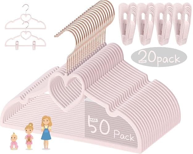 Pink Heart Velvet Baby Hangers - 50pack 13inch Toddler Hangers with 20pcs Clips, Premium Velvet Strong and Durable Baby Clothes Hangers Without Slipping, Ultra Slim and Stackable Space Saving - Image 1