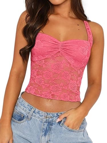 REORIA Lace Tops for Women Halter Sexy Going Out Tank Crop Y2K Fashion Top 2025 Trendy - Image 1