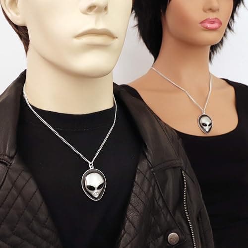 Real Metal UFO Roswell Alien Head with Black Enamel Eyes Pendant Necklace thumbnail 2