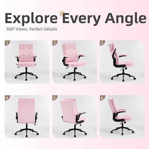 VINGLI Comfy Pink Leather Office Desk Chair,High-Back Ergonomic Computer Small Gaming Chair with/No Wheels,Adjustable Height,Flip-Up Arms,360° Swivel for Vanity,Home Office,Adults,Teen,Girls&Women thumbnail 4