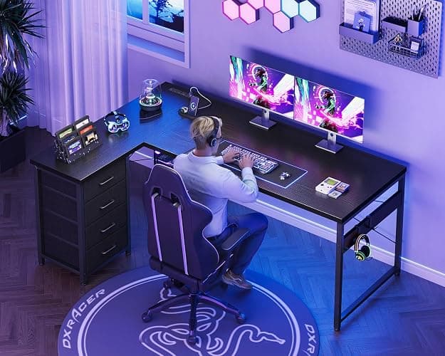 AODK L Shaped Gaming Desk with 4 Drawers, 61" Reversible Home Office Desks with Power Outlets, L Shaped Computer Desk with USB Charging Port and Host Stand, Corner Desk, Easy to Assemble, Black thumbnail 7