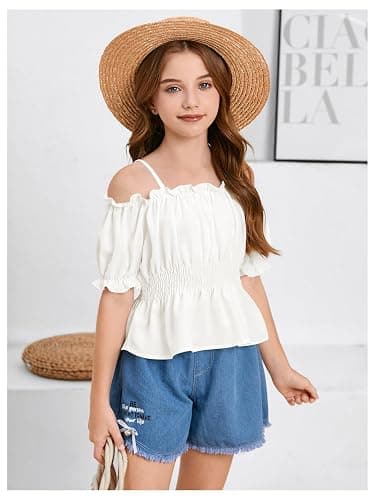 WDIRARA Girls Cold Shoulder Top Cute Ruffle Trim Puff Sleeve Shirt Casual School Holiday Peplum Blouse thumbnail 5