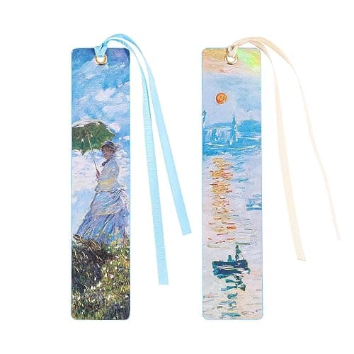 2Pcs Oil Painting Bookmarks for Women, Bookmarks Set for Book Lover,Book Marks for Reading,Vintage Book Marks for Kids Students Classroom Gift for Teacher Woman with a Parasol & Impression of Sunrise - Image 1