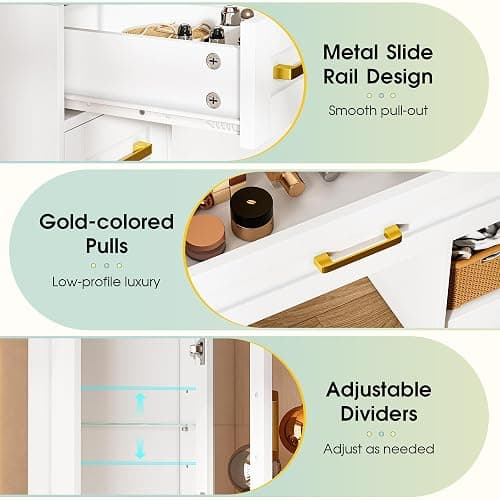 YBXGO White Makeup Vanity Table with LED Lighted Mirror | 3 Light Modes, Power Outlet, 6 Drawers & 4 Storage Cabinets, Modern Dressing Desk for Bedroom thumbnail 7