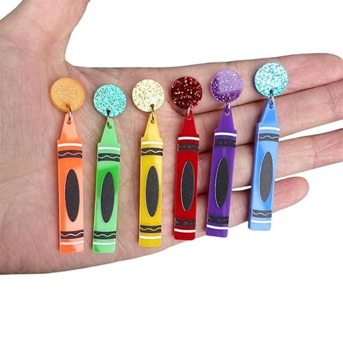 Dreuyet 6 Pairs Pencil Crayon Earrings Teachers Appreciation Gifts Earring for Women Funny Acrylic Pencil Ruler Drop Dangle Earrings Back to School Graduation Creative Jewelry Set thumbnail 4