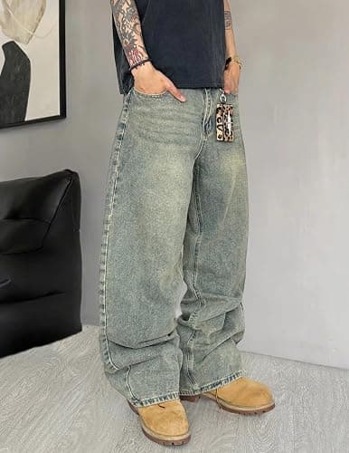 QGRSWBC Mens Wide Leg Jeans Super Baggy Pants Y2k Loose Fit Denim Jeans Skater Trousers Streetwear thumbnail 6