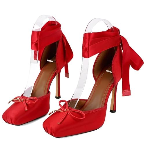 JilTrdWei Women's Ballet Heels for Women, Satin Ballerina High Heels with Ribbon Lace-Up, Square Toe Mary Jane Stiletto Heels for Party, Wedding & Formal Dress thumbnail 8