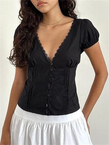 Women Y2k Fairy Grunge Babydoll Top Cute Puff Sleeve Lace Trim Button Shirt Vintage Summer Slim Fit Going Out Blouse thumbnail 2
