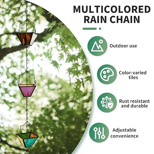 Rain Chain Set 8.5FT,Handmade Pure Copper Inlaid Stained Glass Vintage Style, Rain Chains for Drains to Divert Water & Home Display, Garden Decoration (Mutil col) thumbnail 5