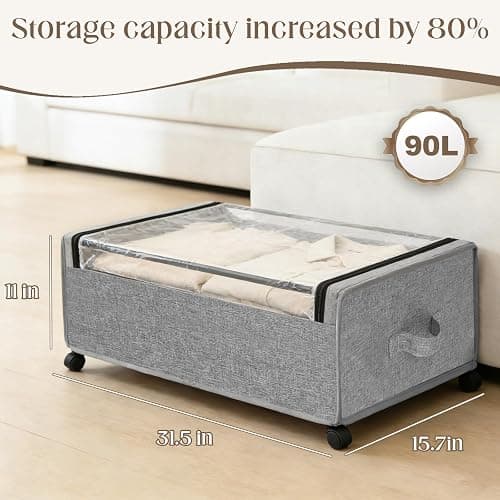 Under Bed Storage with Wheels, 2 Pack Under Bed Storage Containers, 10.6 inches Tall Underbed storage bins on Wheels, Rolling Under the Bed Metal Drawers for Clothes, Blankets, Shoes (XXXL, 90L) thumbnail 2