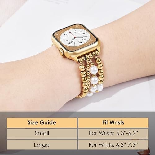 AIRSPO Gold Beaded Bracelets Compatible for Apple Watch Band 38mm 40mm 41mm Women, 14K Gold Plated Bead iPhone Watch Bands Elastic Stretchy Strap for iWatch Series SE 8 7 6 5 4 3 2 1,Large thumbnail 4