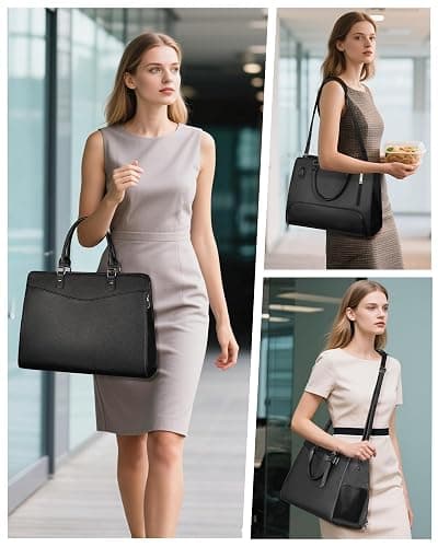 Lunch Tote Bag for Women 2 in 1 Laptop Work Bag with Lunch Insulated Compartment and Purse Combo Waterproof PU Leather 15.6 Inch Computer Crossbody and Shoulder Bag for Daily, Office, Picnic. Black thumbnail 7