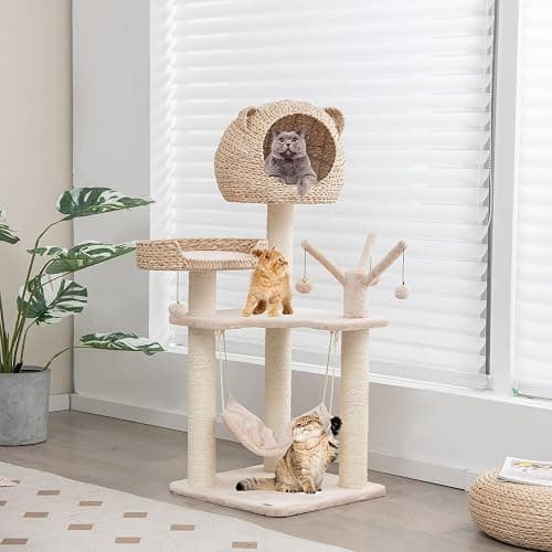Tangkula Modern Cat Tree Tower, Multi-Level Tall Activity Center with Natural Sisal Scratching Posts, Hammock, Hand-Made Cattail Cute Condo with Funny Toy Balls thumbnail 2