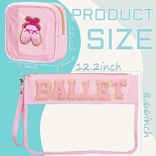 BuyCard 2 Pcs Ballet Gifts Cosmetic Makeup Bag with Chenille Letter Patch, Clear Pouch PVC Organizer Purse, Waterproof Travel Bag, Portable Toiletry Storage Bag for Her Girls Friends Women thumbnail 3
