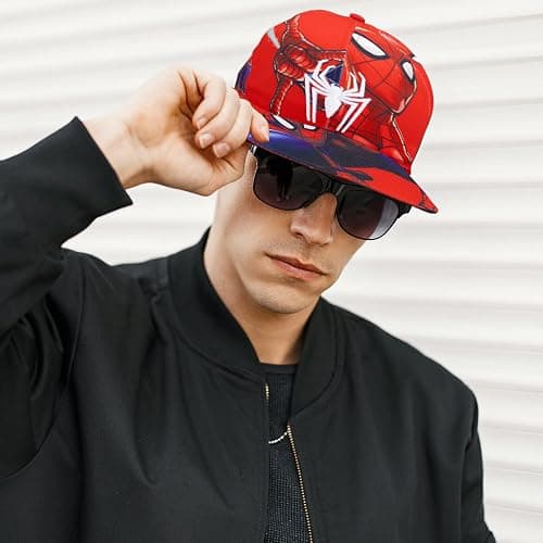 Marvel Comics Mens Spiderman Character Costume Embroidered/Printed Snapback Flatbrim Baseball Cap Hat thumbnail 5