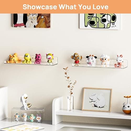 upsimples Acrylic Shelves for Bathroom Storage, 15" Floating Shelves Wall Organizer for Perfume, Make up, Skincare, Kids Bookshelf for Bedroom, Nursery, Living Room Decor, Clear, 2 Pack thumbnail 7
