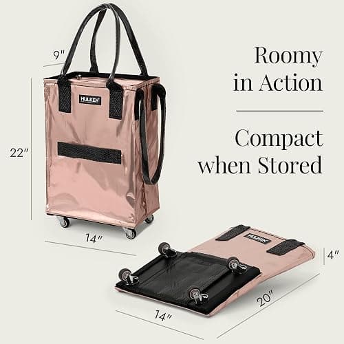HULKEN (Small, Rose Gold) Reusable Grocery Bag On Wheels, Shopping Trolley, Rolling Tote, Zipper Closure, Lightweight, Carries Up to 66 lb, Folds Flat thumbnail 2