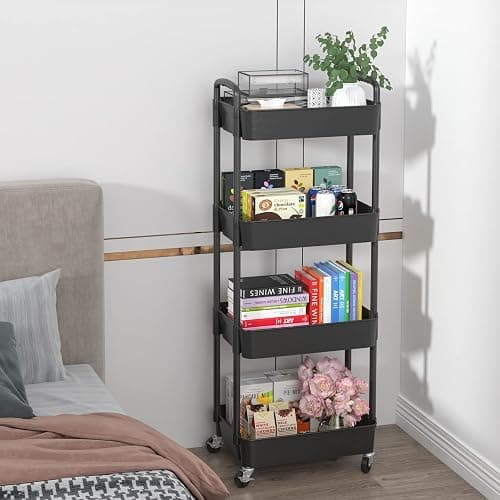Sywhitta 4-Tier Plastic Rolling Utility Cart with Handle, Multi-Functional Storage Trolley for Office, Living Room, Kitchen, Movable Storage Organizer with Wheels, Black - 4-tier - Black thumbnail 7