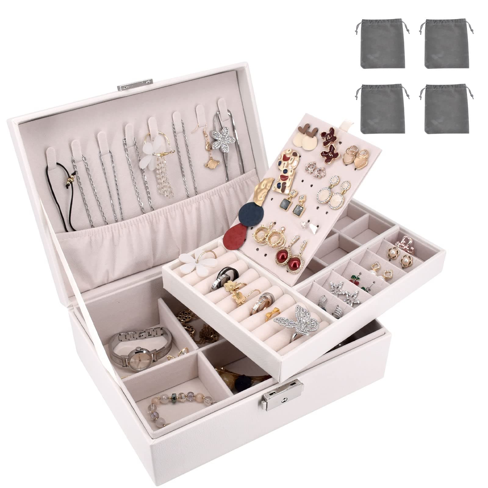 Estuche de Joyas, Caja Joyero con 4 Gris Cordón Bolsitas de Joyas para Pendientes, Guardar Joyas Accesorios Decoración Pulseras Anillos(Blanco) - Image 1