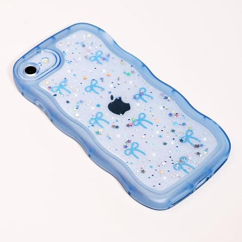 Qokey for iPhone SE(2020/2022) & 8/7 Case - Glitter Star & Curved Edge Handle Grip Design, Military-Grade Shockproof Clear TPU Cover, Sparkle Protection + Scratch-Resistant, Holographic Blue Bow thumbnail 5