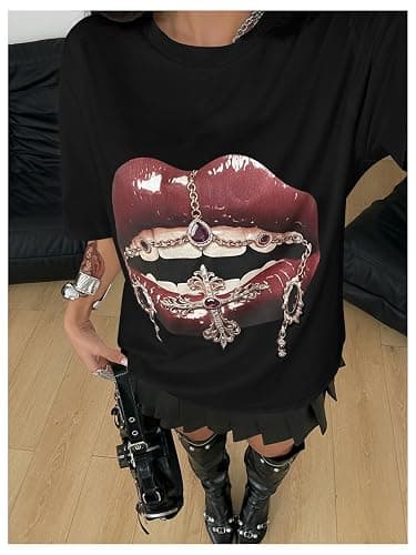 Verdusa Women's Y2k Lips Print Graphic T Shirts Rave Hip Hop Tees Streetwear Going Out Tops thumbnail 2