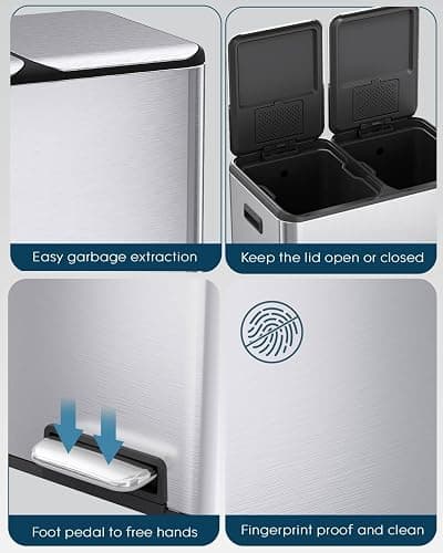ComfyCorner 16 Gal (2 x 30 L) Dual Trash Can with Odor Control Box | Stainless Steel Kitchen Garbage Bin, Recycle Dustbin with Soft-Close Lid,Inner Buckets,Side Handle,Step Pedal,for Home Office thumbnail 4