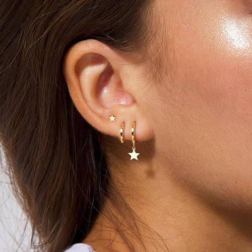 GUOKE 3 Pairs Small Hoop Earring Stacks, 14K Gold/Silver/Black/Rose Gold Plated Pearl Heart Butterfly Bow Star Moon Leaf CZ Hoop Charm Huggie Earrings Trendy Jewelry Gift for Women thumbnail 2