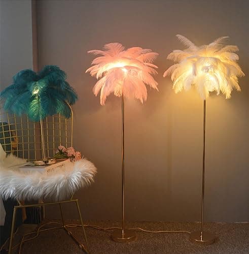 GIOAMH Natural Ostrich Feather Floor Lamp, 3-Way Color Temperature,Simple Modern Bedroom and Living Room Standing Lamp, Golden Lamp Body, G4-LED Bulb (White) thumbnail 2