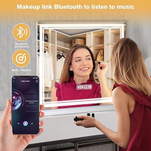 MKupView 27.6"X21.7" Wall-Mounted Mirror Large Vanity Mirror with LED Lights & Play Music Vanity Mirror Touch Screen with 3-Color Lighting Memory Function USB Charging & Magnifying Glass - 21.7"L x 27.6"W thumbnail 5