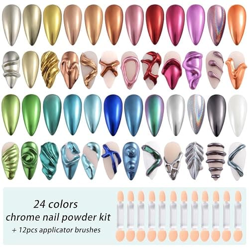 Fcozpjk 24 Colors Chrome Nail Powder Set Metallic Mirror Effect for Nails | Gold Silver Pink Chrome Nail Powder White Pearl Iridescent Multichrome Powder for Nails Rubbing Pigment Manicure Supplies thumbnail 3