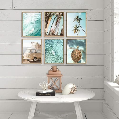 Laywhq Coastal Beach Wall Art Summer Ocean Surf Tropical Canvas Wall Decor Summer Nautical Palm Tree Turtle Surfboard Bus Room Paintings Prints Posters for Bedroom Living Room Set of 6 8x10in Unframed thumbnail 5