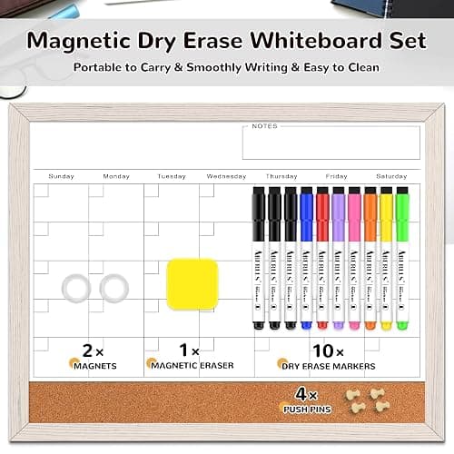 Monthly Whiteboard Calendar & Corkboard for Wall, Magnetic 17"x13" Dry Erase Board with White Wood Framed, 2in1 White Board Cork Board Combo, Calendar Bulletin Board for Kitchen Planner Memo Office thumbnail 4
