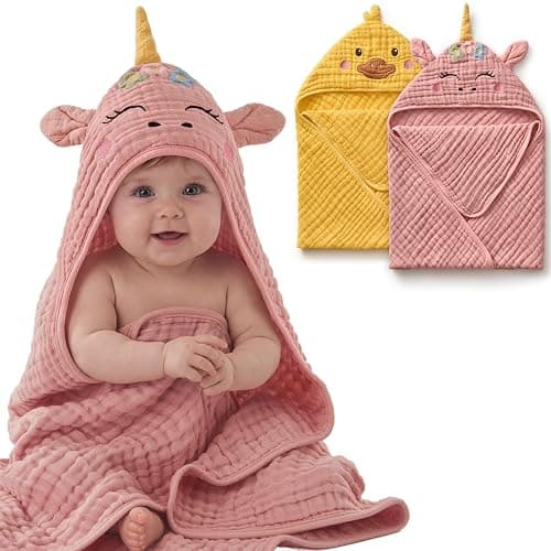 Blissful Diary Muslin Baby Hooded Towel 2 Pack, Soft & Absorbent Bath Towel for Infant, Toddler, Unisex, Baby Gift, Newborn Essentials, Sunny Duck & Dreamy Unicorn - Image 1