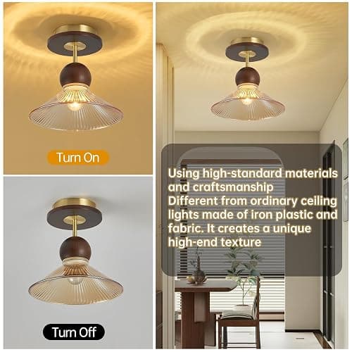Brown Glass Wood Brass Semi Flush Mount Ceiling Light Vintage Hallway Light Fixture, Mid Century Modern Farmhouse Ceiling Mount Lamp Light Fixture for Bedroom Kitchen Entryway Laundry Room Porch Foyer thumbnail 7