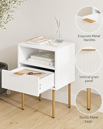 Masupu Nightstand,Mid-Century Modern Bedside Table with Storage Drawer and Open Wood Shelf,Small Gold Frame Side Table for Bedroom,Living Room,White thumbnail 3
