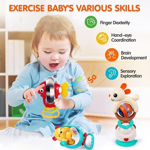 Baby Toys 6-12 Months Infant Toys Set of 3 High Chair Suction Cup Rattle Teething Toys for Baby 6 7 9 12-18 Months 2-in-1 Sensory Development Tray Toy Baby Gifts for Boys Girls thumbnail 3