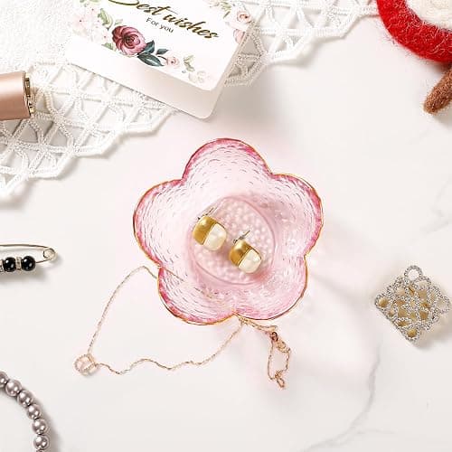 Gifts for Women Pink Flower Ring Dish Glass Jewelry Dish Jewelry Tray Cute Vanity Organizer Room Decor Aesthetic Nightstand Bathroom Decor Trinket Dish Ring Holder Dish Jewellery Tray Valentine's Gift thumbnail 2
