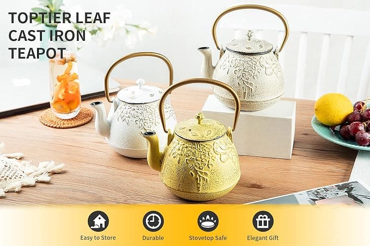 Toptier Cast Iron Tea Kettle, Stovetop Safe Japanese Cast Iron Teapot with Infuser, Leaf Design Tea Kettle for Stove Top Coated with Enameled Interior for 32 Ounce (950 ml), Warm Beige & Gray thumbnail 4
