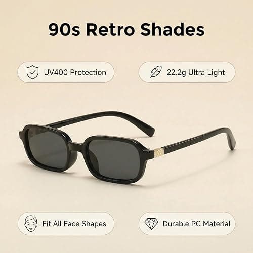 Retro 90s Rectangular Sunglasses for Women, Vintage Trendy Fashion Slim Square Small Frame with UV Protection thumbnail 9