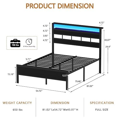 Furnulem Full Size Bed Frame with LED Light and Charging Station, Wood Storage Headboard with 2-Tier Shelves, Metal Platform Bed with Heavy Duty Slats Support, No Box Spring Needed, Black Oak thumbnail 8