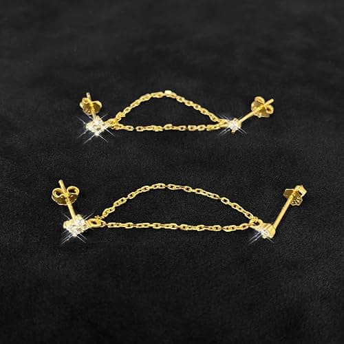 BUAEL 925 Sterling Silver Four Zircons Flower Stud Earrings For Women | Double Studs Chain Tassel Piercing Earring | Gold Plated Double Piercing Dangle Chain Earrings Jewelry Gifts for Women Girls thumbnail 6